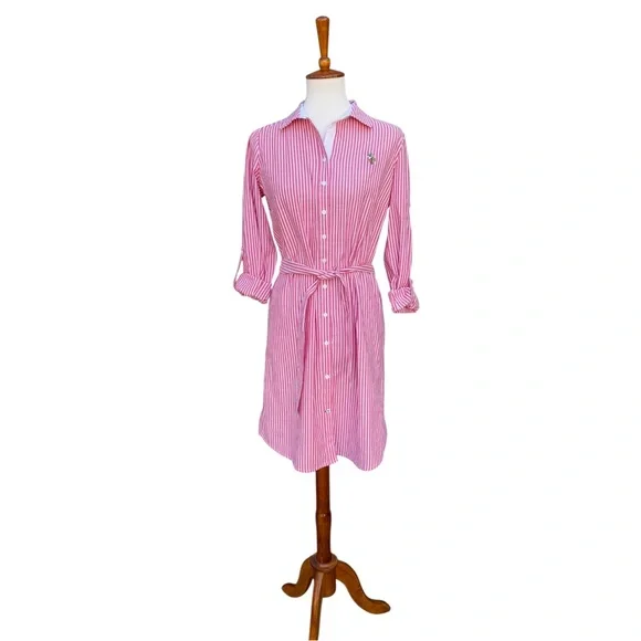 US Polo Assn. Women’s M Raspberry & White Long Sleeve Striped Oxford Shirt Dress - Picture 2 of 12